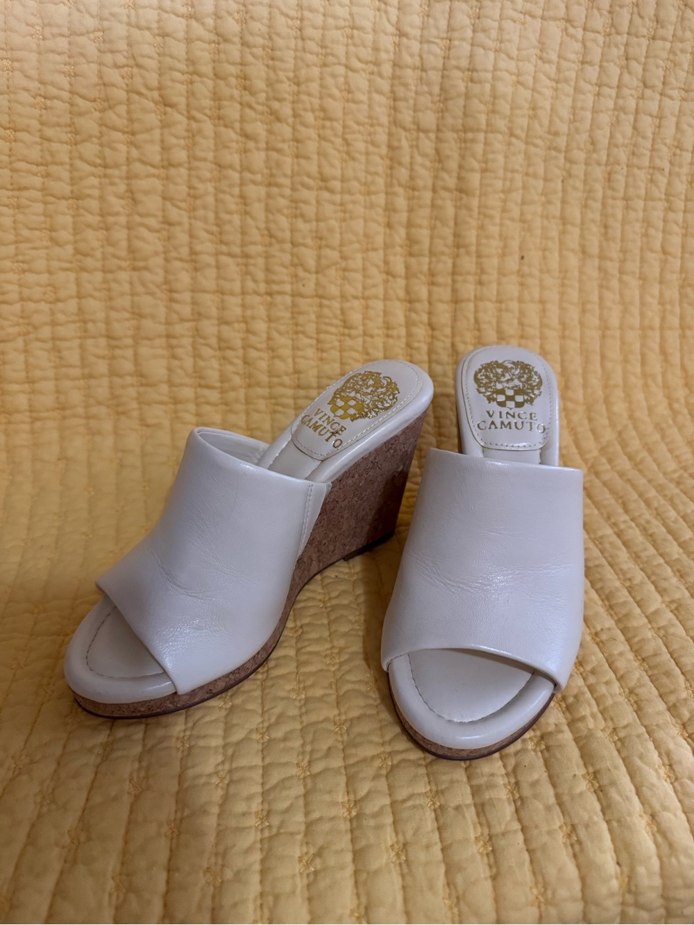 Vince Camuto off White Leather Cork Wedge Slides